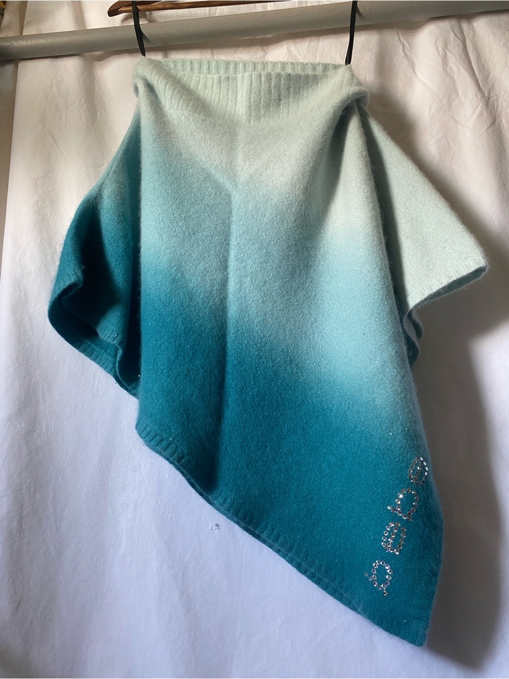 bebe Teal to Light Aqua Ombre Knit Poncho with Rhinestone Logo